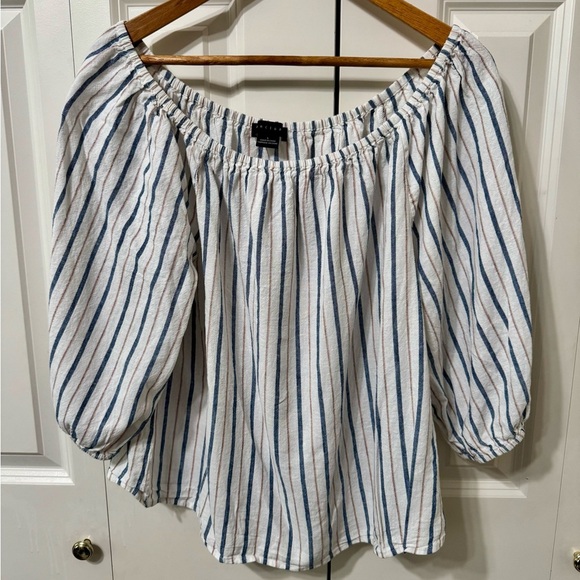 Evereve EUC❤️Sanctuary White/Navy/Tan Stripe. Off/on shoulder Puff Sleeve - Picture 2 of 9